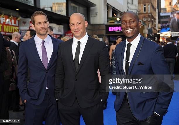 Actors Paul Walker, Vin Diesel and Tyrese Gibson attend the "Fast & Furious 6" World Premiere at The Empire, Leicester Square on May 7, 2013 in...
