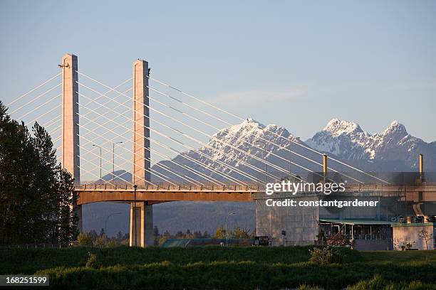 nouveau pont de golden ears, avec les montagnes enneigées - golden-colombie-britannique photos et images de collection