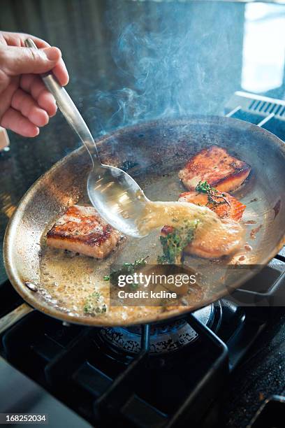 searing salmon - garlic clove stock pictures, royalty-free photos & images