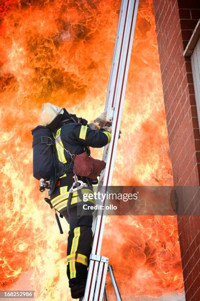 voll ausgestattete feuerwehrmann auf einer leiter - feuerwehr deutschland stock-fotos und bilder