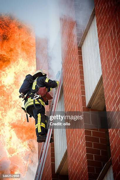 entièrement équipée de pompier sur une échelle - caserne photos et images de collection