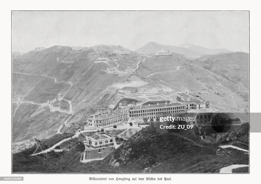 Vue historique de Hong Kong, Chine, estampe en demi-teinte, publiée en 1900