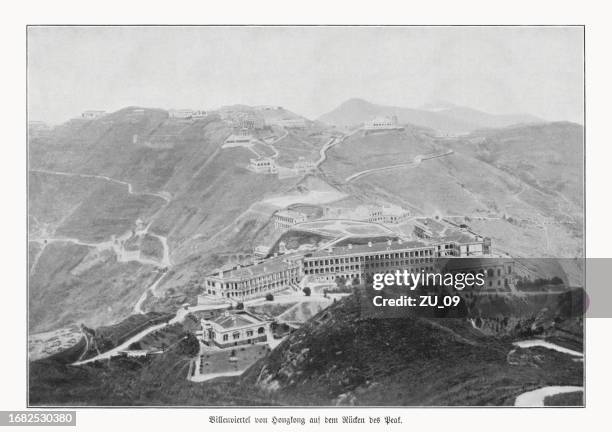 historical view of hong kong, china, halftone print, published 1900 - hong kong peak stock illustrations