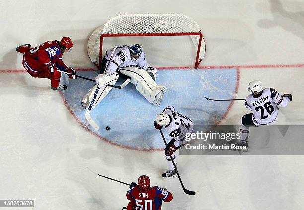 Alexander Svitov of Russia fails to score over Ben Bishop , goaltender of USA during the IIHF World Championship group H match between Russia and USA...