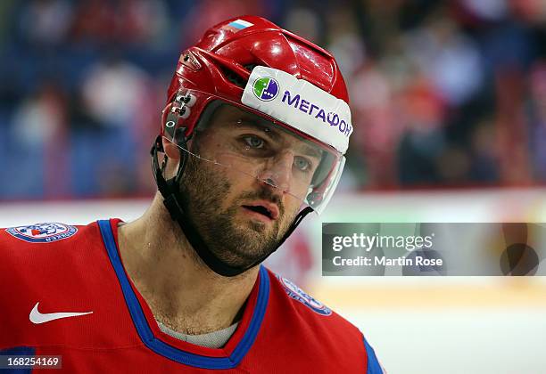 Alexander Radulov of Russia reacts during the IIHF World Championship group H match between Russia and USA at Hartwall Areena on May 7, 2013 in...