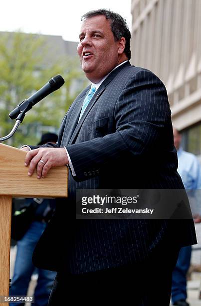 New Jersey Gov. Chris Christie appears at a groundbreaking ceremony at Essex County Community College on May 7, 2013 in Newark, New Jersey. Christie...
