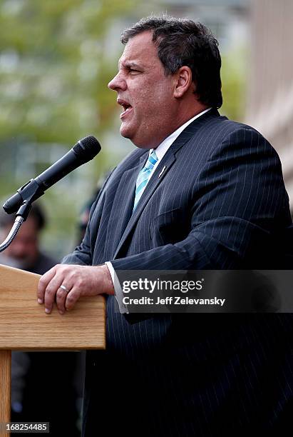 New Jersey Gov. Chris Christie appears at a groundbreaking ceremony at Essex County Community College on May 7, 2013 in Newark, New Jersey. Christie...