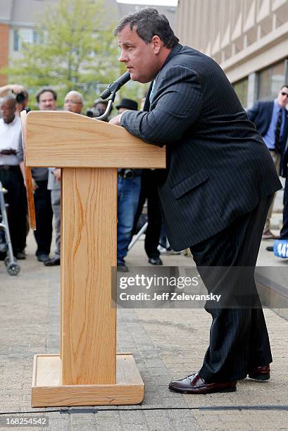 New Jersey Gov. Chris Christie speaks at a groundbreaking ceremony at Essex County Community College on May 7, 2013 in Newark, New Jersey. Christie...