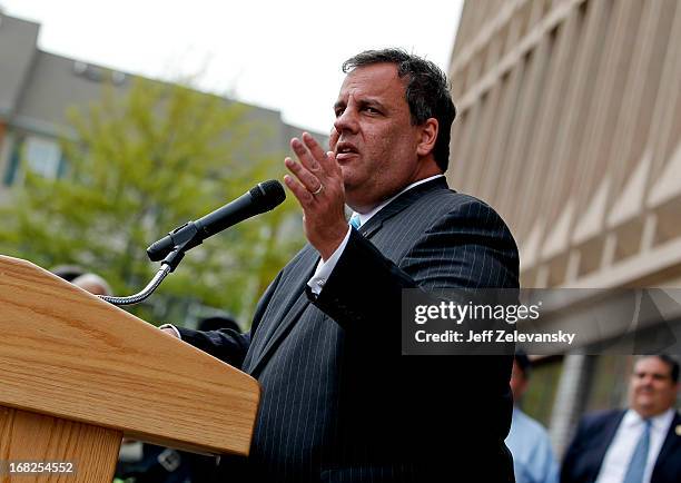 New Jersey Gov. Chris Christie speaks at a groundbreaking ceremony at Essex County Community College on May 7, 2013 in Newark, New Jersey. Christie...