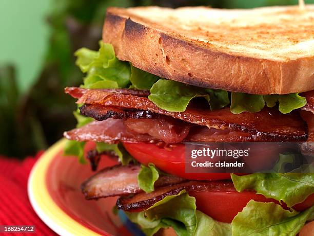 close-up of a blt sandwich on toast - krulandijvie stockfoto's en -beelden