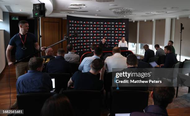 Manager Erik ten Hag of Manchester United speaks during a press conference at Carrington Training Ground on September 15, 2023 in Manchester, England.