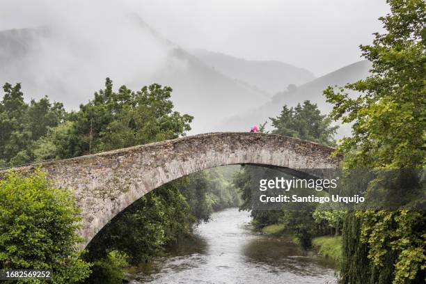 pilgrims traversing the roman bridge over the nive river - フランス領バスク ストックフォトと画像