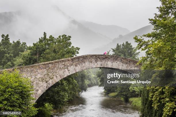 pilgrims traversing the roman bridge over the nive river - pays basque stock pictures, royalty-free photos & images