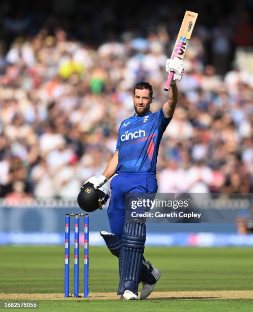 Dawid Malan of England celebrates reaching his centuryduring the 4th Metro Bank One Day International between England and New Zealand at Lord's...