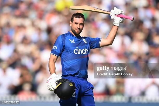 Dawid Malan of England celebrates reaching his centuryduring the 4th Metro Bank One Day International between England and New Zealand at Lord's...