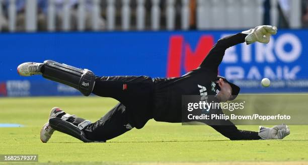 Tom Latham of New Zealand fails to get to a chance off the bat of Dawid Malan during the 4th Metro Bank One Day International between England and New...