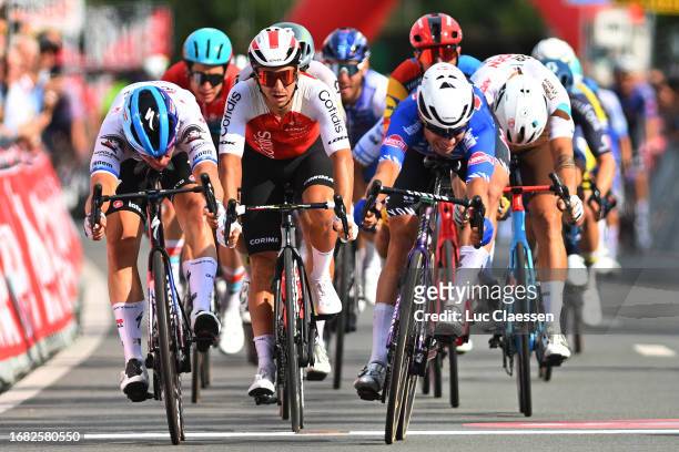 Fabio Jakobsen of The Netherlands and Team Soudal - Quick Step, Bryan Coquard of France and Team Cofidis and Jasper Philipsen of Belgium and Team...