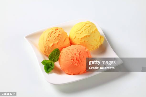 scoops of fruit icecream on a plate - sorbet isolated stock pictures, royalty-free photos & images