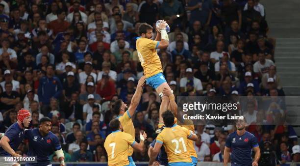Ignacio Dotti of Team Uruguay catch the ball during the Rugby World Cup France 2023 match between France and Uruguay at Stade Pierre Mauroy on...