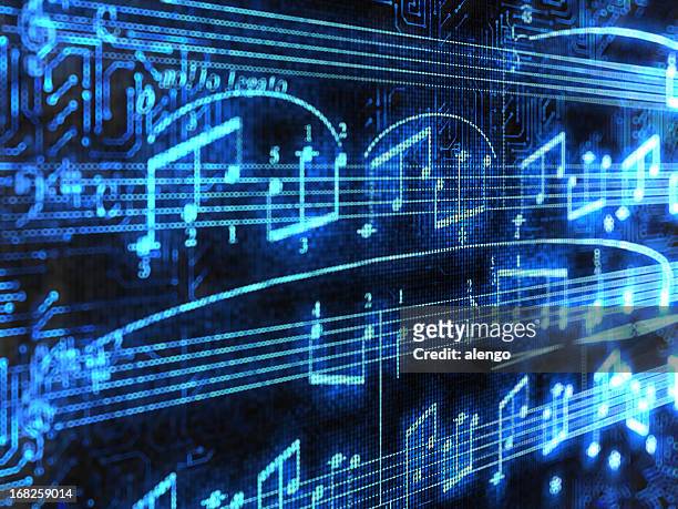 blue glowing music notes isolated on black background - much music stockfoto's en -beelden