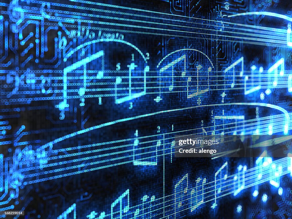 Blue glowing music notes isolated on black background