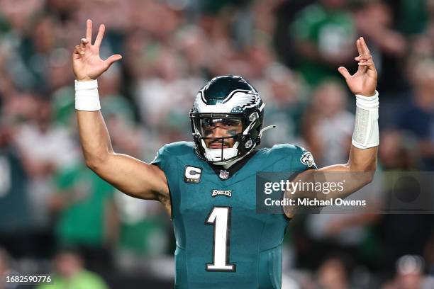 Jalen Hurts of the Philadelphia Eagles celebrates after a touchdown during an NFL football game between the Philadelphia Eagles and the Minnesota...