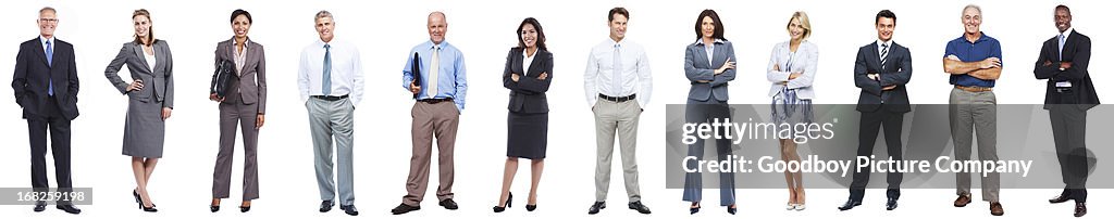 Business people standing in a row on white background