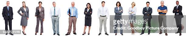 business people standing in a row on white background - full body isolated stockfoto's en -beelden