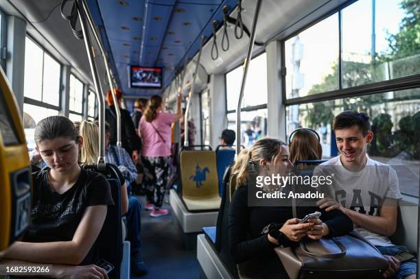People ride on a tram as the city offers free rides during the European Car Free day in Krakow, Poland on September 22, 2023. On the European Car...