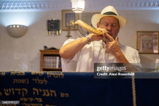 Rabbi Jacky Kadoch, prepares his synagogue and practices the shofar blowing ahead of Erev Rosh Hashana, which begins at sundown, at The Bet El...