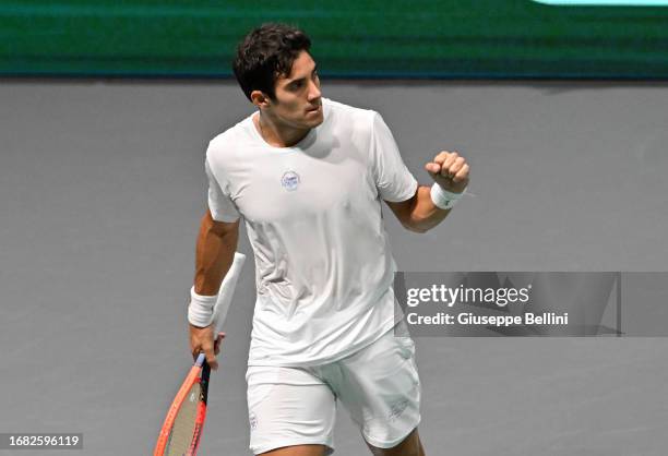 Cristian Garin of Chile celebrates during the Italy v Chile 2023 Davis Cup Finals Group Stage Bologna at Unipol Arena on September 15, 2023 in...