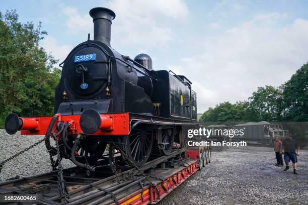 The Caledonian Railway 2P No. 55189 locomotive is unloaded from a low-loader lorry at a North Yorks Moors Railway depot on September 15, 2023 in...