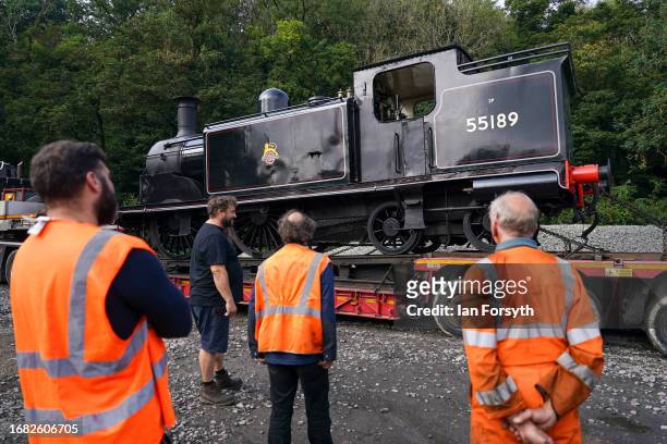 The Caledonian Railway 2P No. 55189 locomotive is unloaded from a low-loader lorry at a North Yorks Moors Railway depot on September 15, 2023 in...