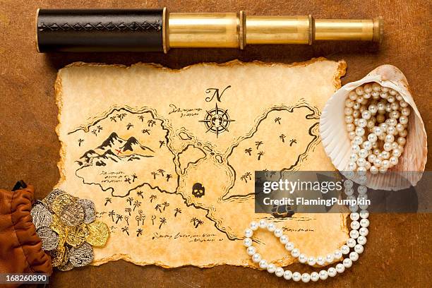 treasure map and spy glass. full frame. xxxl - x marks the spot stock pictures, royalty-free photos & images
