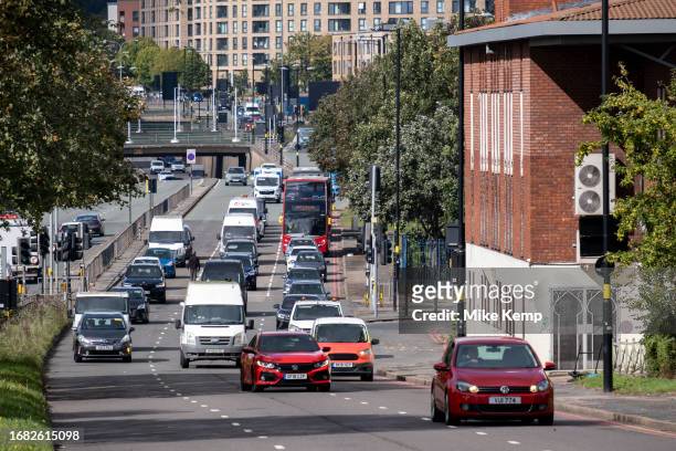 Cars in the 40mph zone along Belgrave Middleway on the edge of the Clean Air Zone in the city centre and surrounding area on 21st September 2023 in...