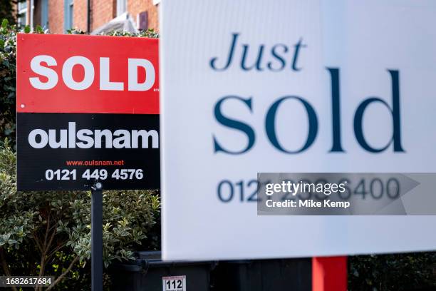 Estate agents sold signs in the Moseley area on 21st September 2023 in Birmingham, United Kingdom. Housing in Birmingham is a very important...