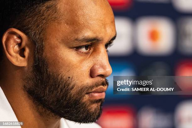 England's number eight Billy Vunipola takes part in a press conference after the captain's run training session at Pierre-Mauroy stadium in...