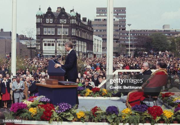 President Jimmy Carter addressing a crowd outside the Civic Centre in Newcastle, England, May 6th 1977.