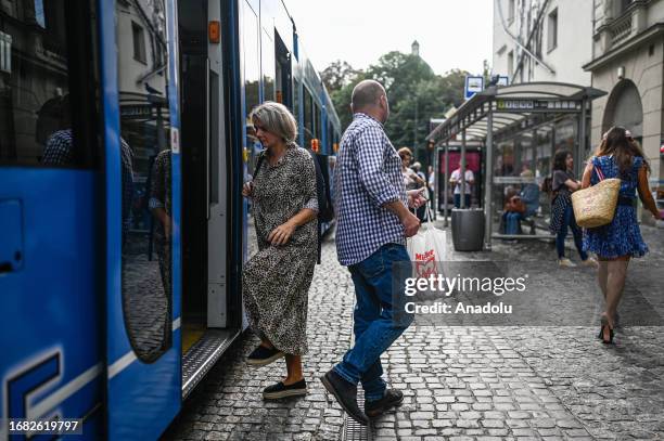 People ride on a tram as the city offers free rides during the European Car Free day in Krakow, Poland on September 22, 2023. On the European Car...