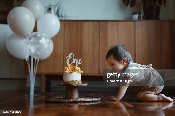 lovely little asian baby girl celebrating her first birthday in the living room decorated with balloons and a birthday cake at home. birthday celebration and party theme - 1st birthday stock-fotos und bilder