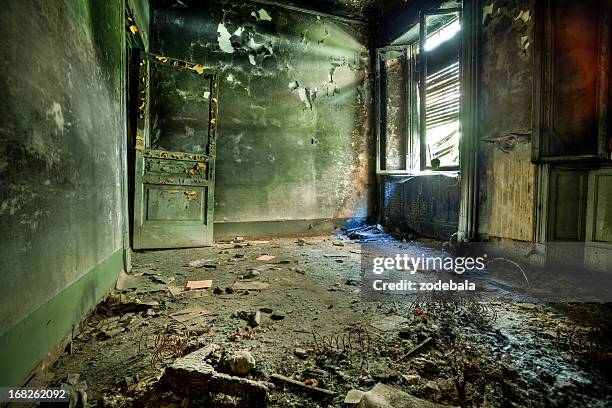 burnt room in abandoned house, hdr - horror room stock pictures, royalty-free photos & images