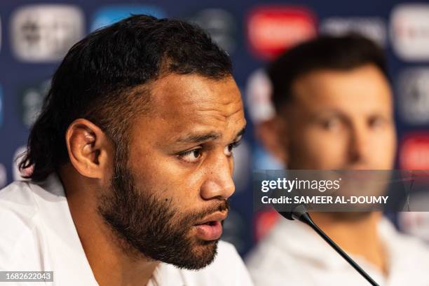 England's number eight Billy Vunipola takes part in a press conference after the captain's run training session at Pierre-Mauroy stadium in...