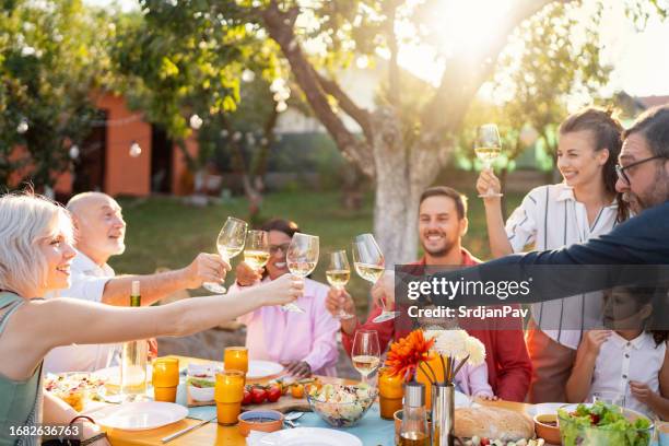 multiracial and multi-generation family toasting during family brunch - reunite stock pictures, royalty-free photos & images