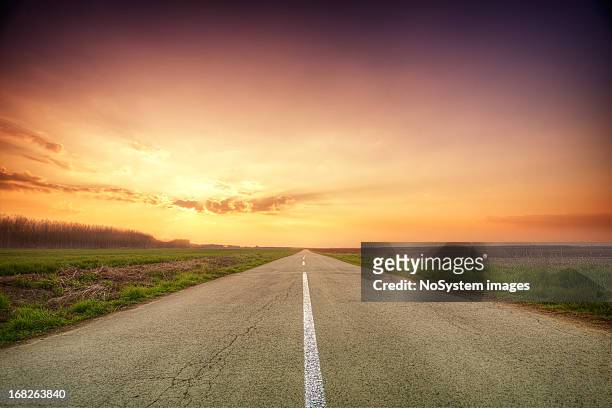 long empty road between grass patches at sunset - long road stockfoto's en -beelden