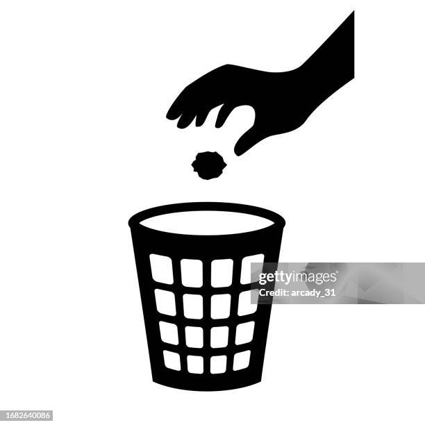 hand throwing paper, use trash can vector pictogram - rubbish isolated stock illustrations