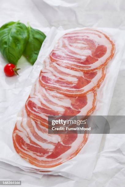 pancetta ham, basil & tomato - pancetta stock pictures, royalty-free photos & images