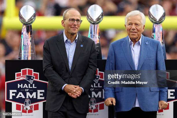 New England Patriots President Jonathan Kraft and New England Patriots owner Robert Kraft speaks during a ceremony honoring former New England...