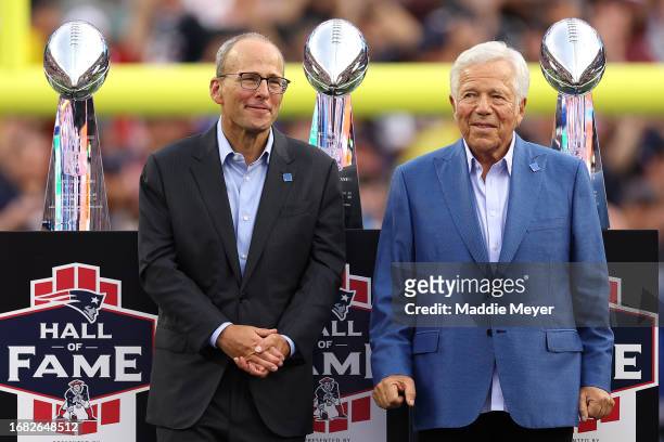 New England Patriots President Jonathan Kraft and New England Patriots owner Robert Kraft speaks during a ceremony honoring former New England...