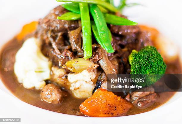 delicious looking plate of beef stew with vegetables - stoofvlees stockfoto's en -beelden