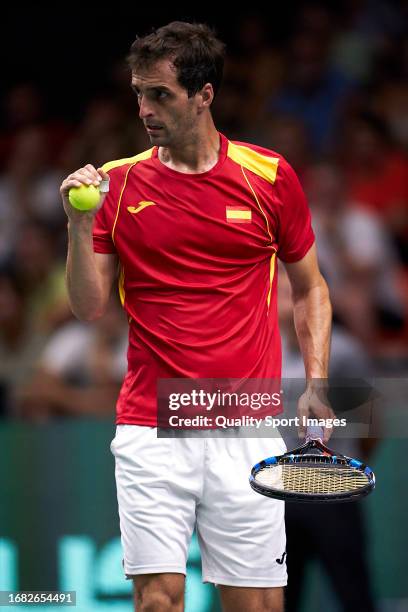 Albert Ramos-Vinolas of Spain reacts against Laslo Djere of Serbia during the Davis Cup Group Stage 2023 Valencia match between Spain and Serbia at...